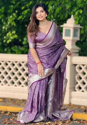 Lavender banarasi satin silk zari woven saree 3