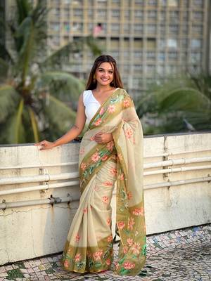 Green chanderi cotton pichwai printed saree with zari woven border 1