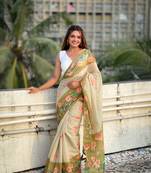 Green chanderi cotton pichwai printed saree with zari woven border