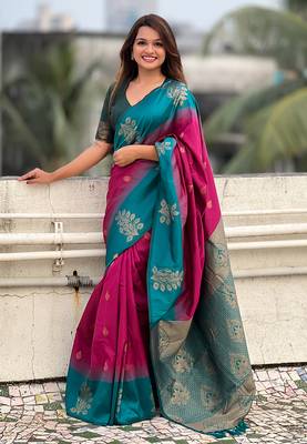 Pink soft silk floral border contrast zari woven saree 1