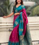 Pink soft silk floral border contrast zari woven saree