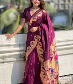 Wine zari woven lotus yeola paithani silk saree