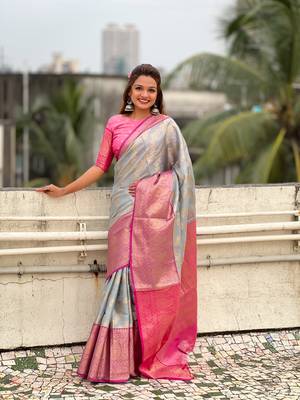 Grey kanjivaram soft tissue silk leheriya traditional zari woven saree 1