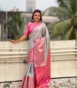Grey kanjivaram soft tissue silk leheriya traditional zari woven saree