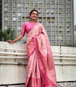 Baby pink kanjivaram soft tissue silk leheriya traditional zari woven saree