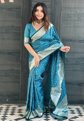 Butterfly blue banarasi satin silk zari woven saree 1