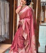 Salmon pink banarasi satin silk zari woven saree