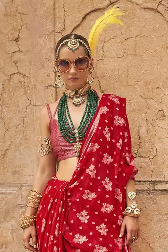Elora soft georgette all over butta work banarasi saree (red)