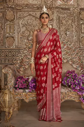 Elora soft georgette butta weaving banarasi saree (red)