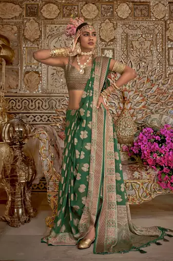 Elora soft georgette butta weaving banarasi saree (dark green)