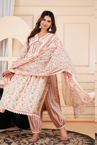 Jaipurite women cotton printed alia cut dupatta set