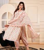 Jaipurite women cotton printed alia cut dupatta set