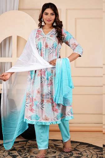 Jaipurite women cotton floral printed alia cut dupatta set