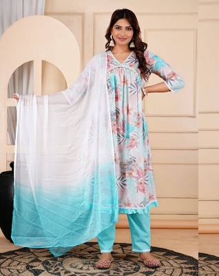 Jaipurite women cotton floral printed alia cut dupatta set 3