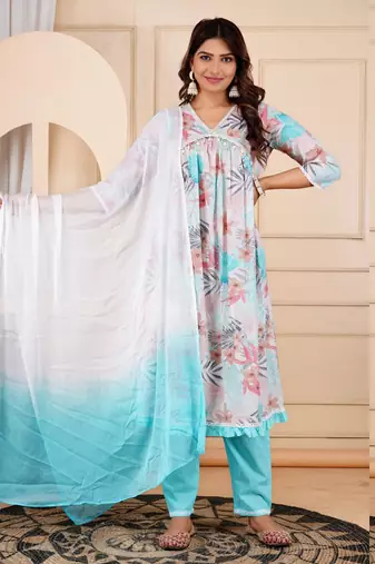 Jaipurite women cotton floral printed alia cut dupatta set