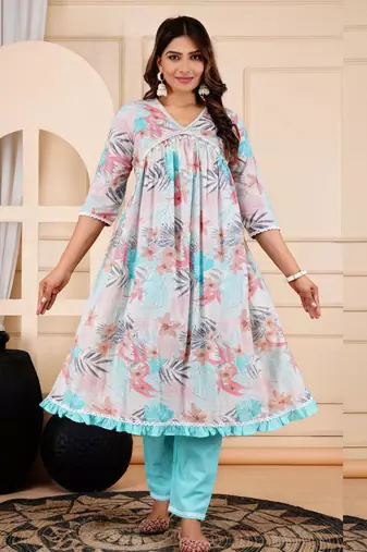 Jaipurite women cotton floral printed alia cut dupatta set