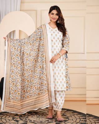 Jaipurite women cotton embroidered printed afghani dupatta set 1