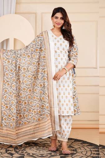 Jaipurite women cotton embroidered printed afghani dupatta set