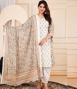 Jaipurite women cotton embroidered printed afghani dupatta set