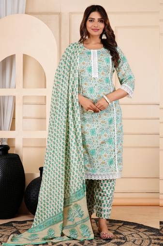 Jaipurite women cotton floral printed straight kurta with pant & dupatta set