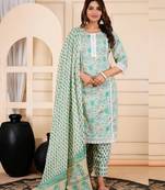 Jaipurite women cotton floral printed straight kurta with pant & dupatta set