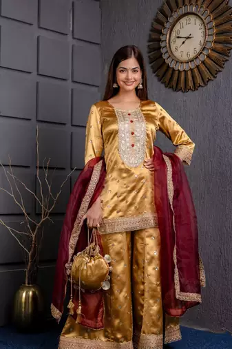 Jaipurite women  straight kurta with embroidered flared sharara set