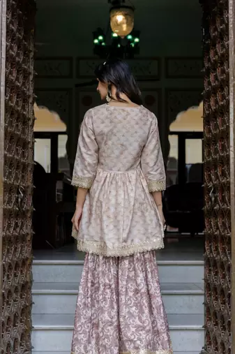 Jaipurite women embroidered  alia cut kurta & flared sharara with dupatta
