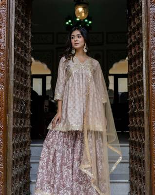 Jaipurite women embroidered  alia cut kurta & flared sharara with dupatta 3