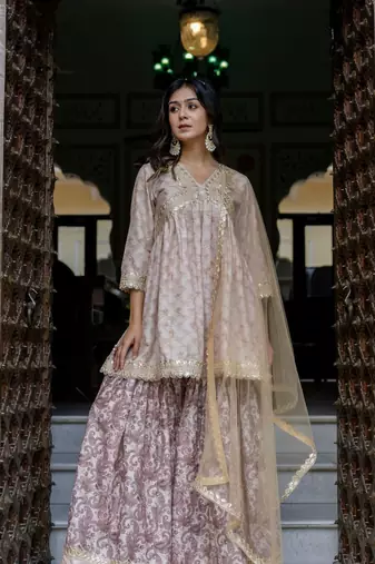 Jaipurite women embroidered  alia cut kurta & flared sharara with dupatta