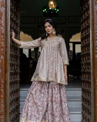 Jaipurite women embroidered  alia cut kurta & flared sharara with dupatta 4