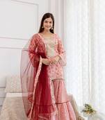 jaipurite women embroidered straight kurta & flared sharara set