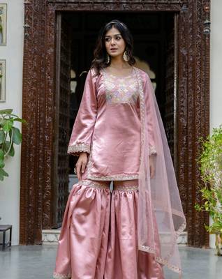 jaipurite women embroidered straight kurta with flared sharara set 1