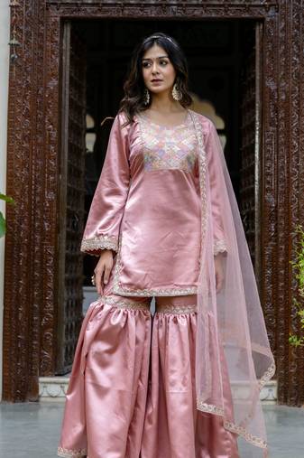 jaipurite women embroidered straight kurta with flared sharara set