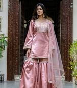 jaipurite women embroidered straight kurta with flared sharara set