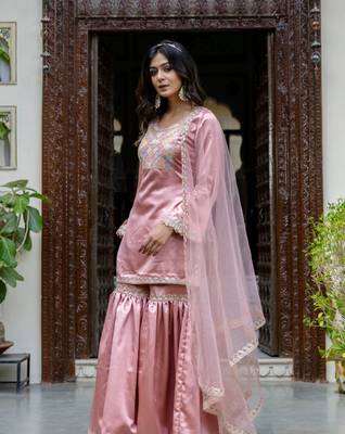 jaipurite women embroidered straight kurta with flared sharara set 3