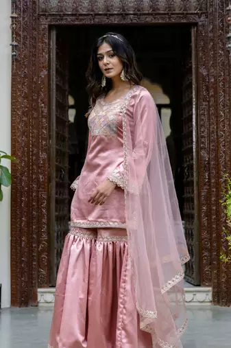jaipurite women embroidered straight kurta with flared sharara set