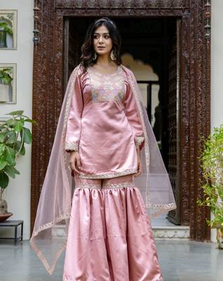jaipurite women embroidered straight kurta with flared sharara set 4