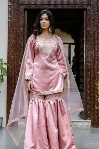 jaipurite women embroidered straight kurta with flared sharara set