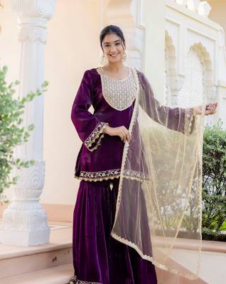 jaipurite women embroidered straight kurta with flared sharara set 1