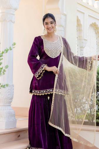 jaipurite women embroidered straight kurta with flared sharara set
