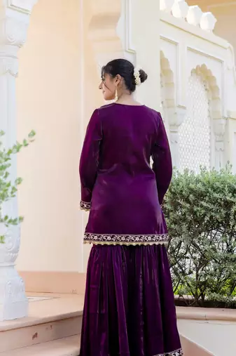 jaipurite women embroidered straight kurta with flared sharara set