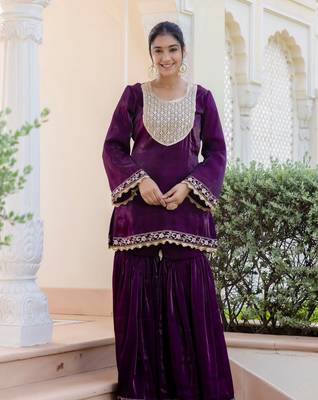 jaipurite women embroidered straight kurta with flared sharara set 3