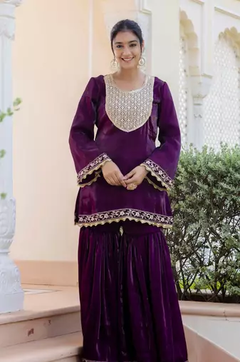 jaipurite women embroidered straight kurta with flared sharara set