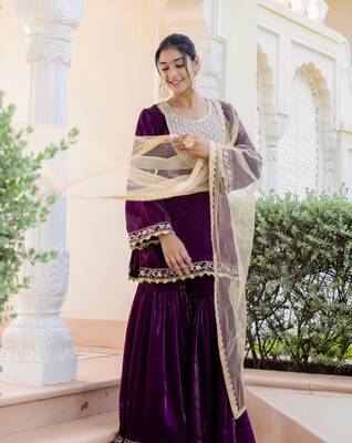 jaipurite women embroidered straight kurta with flared sharara set 4