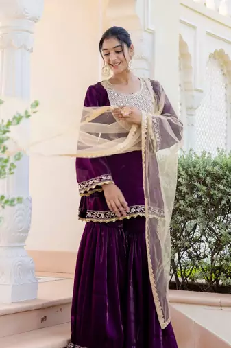 jaipurite women embroidered straight kurta with flared sharara set