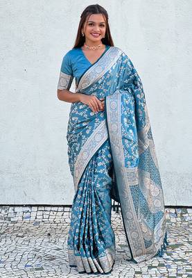 Butterfly blue banarasi jaal satin silk pink zari woven saree 1