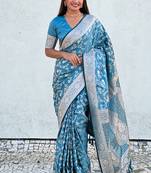 Butterfly blue banarasi jaal satin silk pink zari woven saree