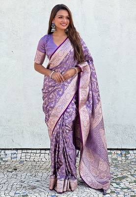 Lavender banarasi jaal satin silk pink zari woven saree 1