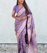 Lavender banarasi jaal satin silk pink zari woven saree