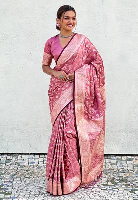 Pink banarasi jaal satin silk pink zari woven saree 1